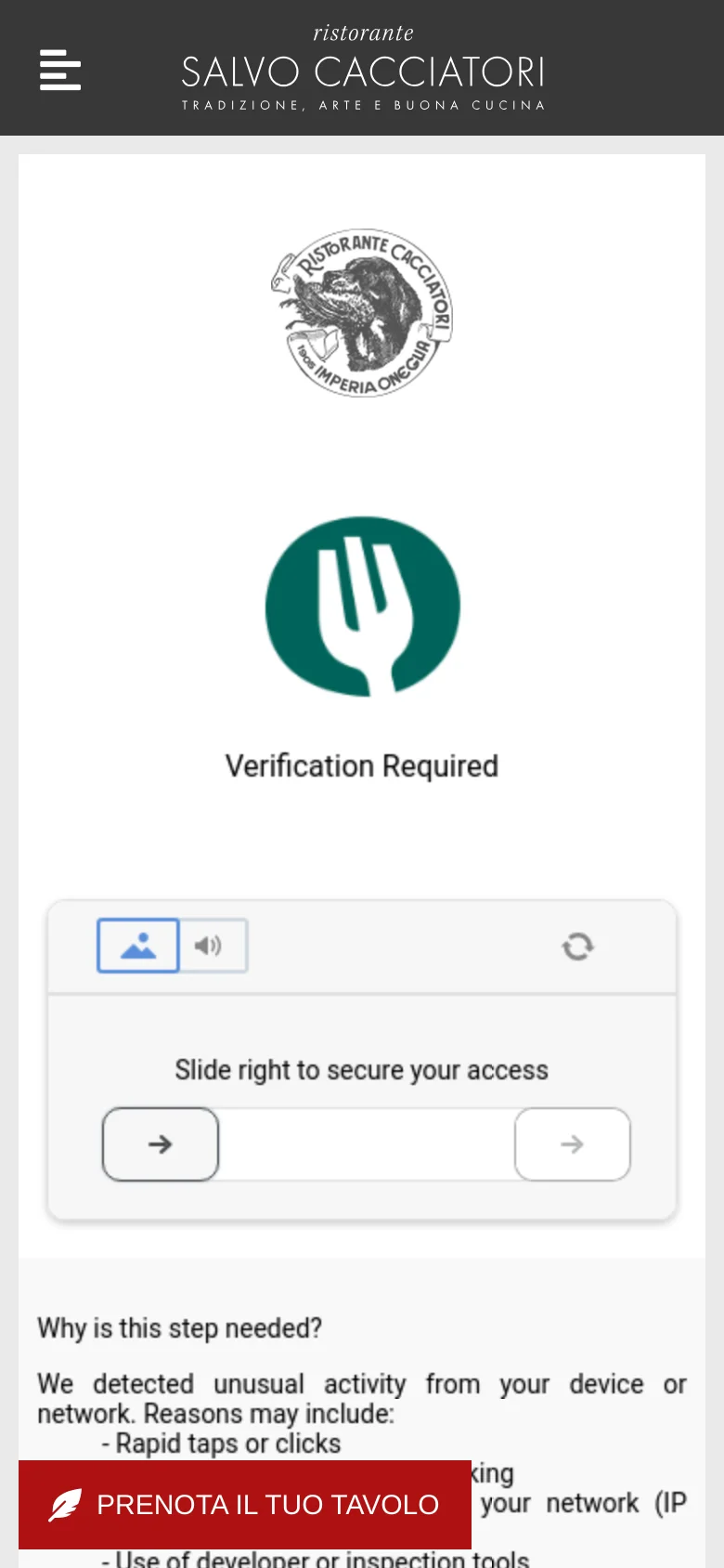 The mobile version maintains the minimalist white layout but stacks elements vertically for a narrow view. The central teal fork icon and 'Verification Required' message are centered, while the red call-to-action button 'PRENOTA IL TUO TAVOLO' is positioned at the bottom of the screen.