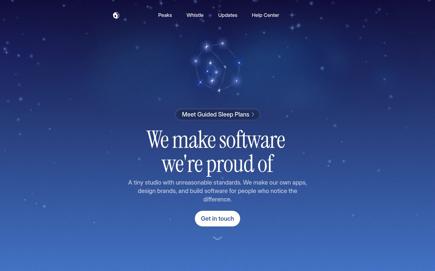 The desktop homepage features a dark blue starry night background with a central glowing celestial graphic. A large serif headline reads 'We make software we're proud of' above a brief studio description, with a 'Meet Guided Sleep Plans' button above and a 'Get in touch' button below. A navigation menu with links like Peaks and Whistle is located at the top.