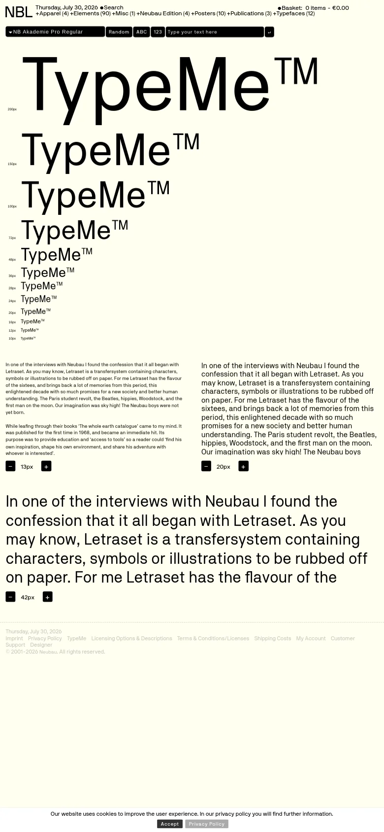 The mobile view maintains the light gray aesthetic but rearranges the content into a single vertical column. The large 'TypeMe™' typography is followed by the descriptive text, which is split into two blocks with a small '20px' label between them. The layout is simplified for vertical scrolling, with the navigation bar remaining at the top.