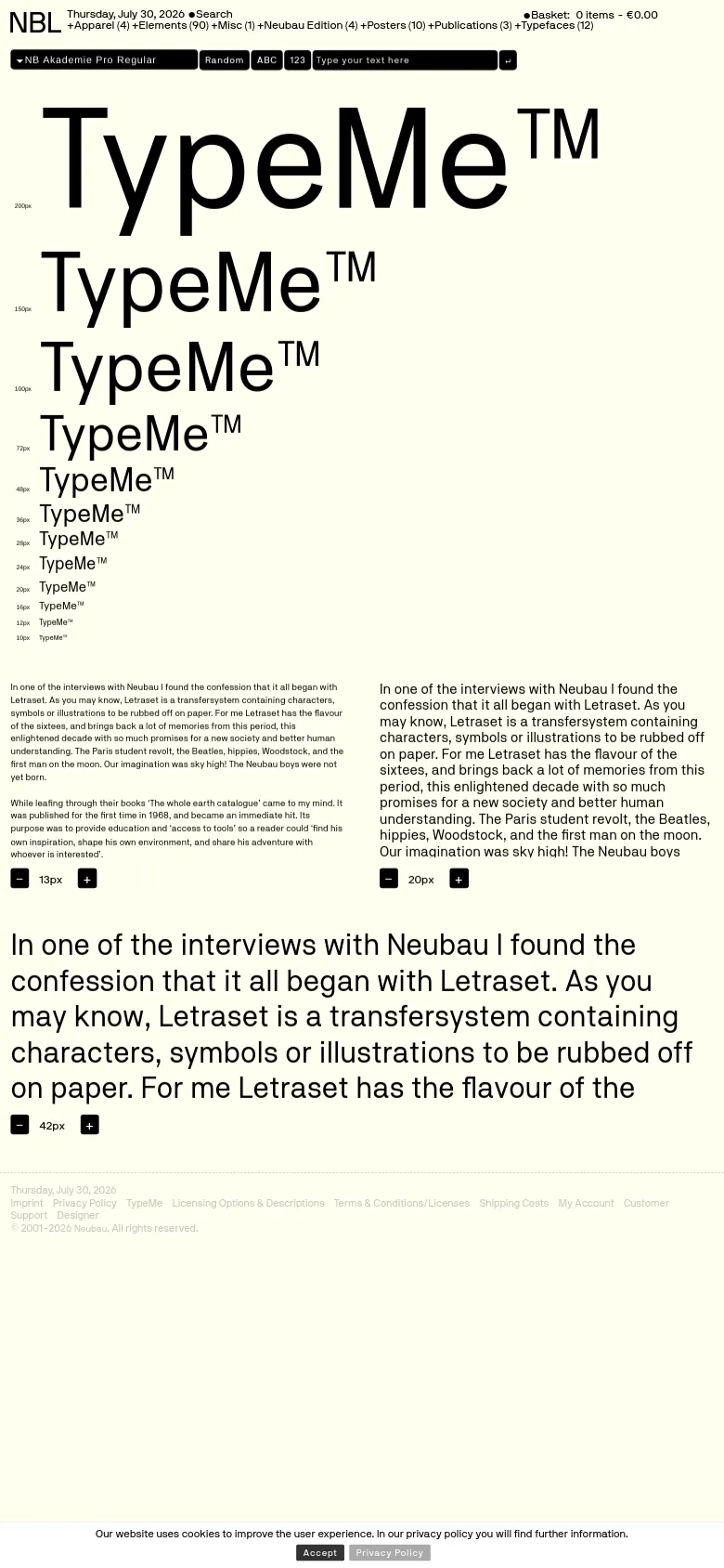 The mobile view maintains the light gray aesthetic but rearranges the content into a single vertical column. The large 'TypeMe™' typography is followed by the descriptive text, which is split into two blocks with a small '20px' label between them. The layout is simplified for vertical scrolling, with the navigation bar remaining at the top.