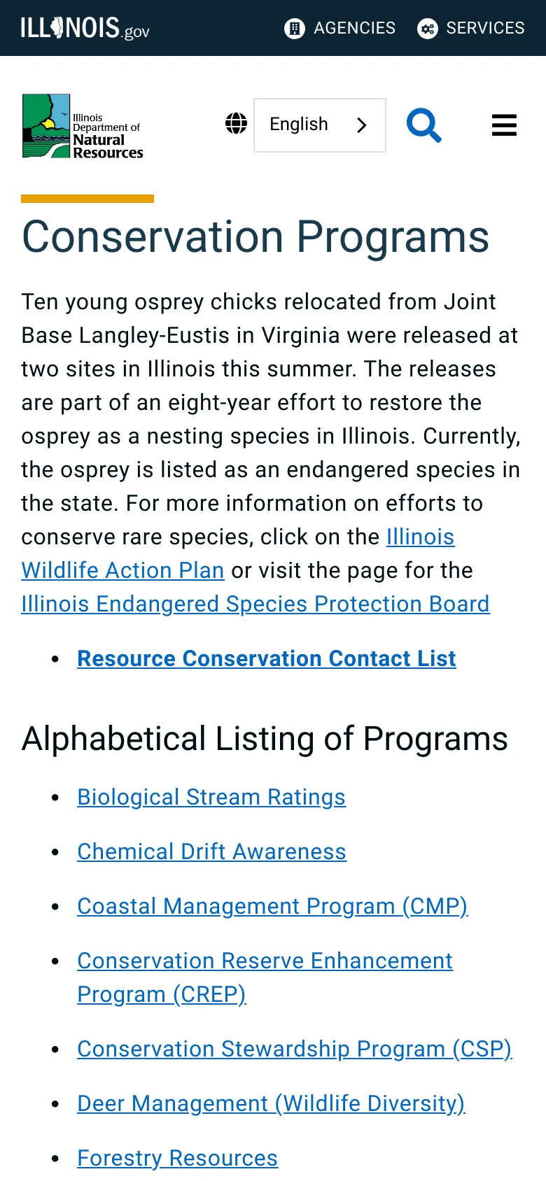 The mobile version presents a simplified, single-column layout optimized for vertical scrolling. The header features a hamburger menu icon, the IDNR logo, a language selector, and a search icon. The main content, including the 'Conservation Programs' heading, text, and the alphabetical list of programs, is stacked vertically, with the bee photography appearing below the introductory text.