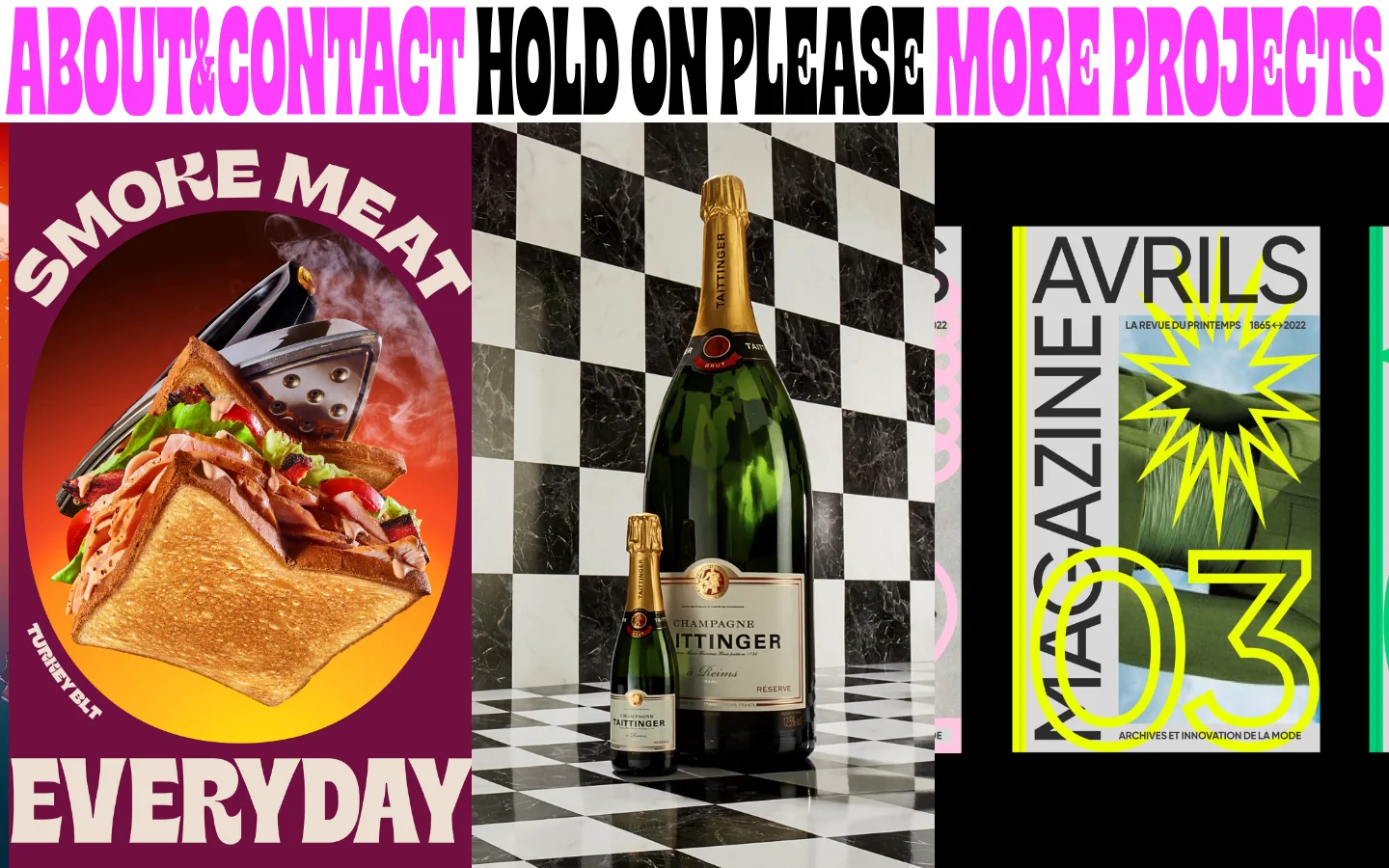 The desktop homepage features a minimalist layout with large, bold typography in black and bright pink against a white background. A grid of large, high-quality photographic project tiles, such as a sandwich and champagne bottles, dominates the center, with navigation links at the top.