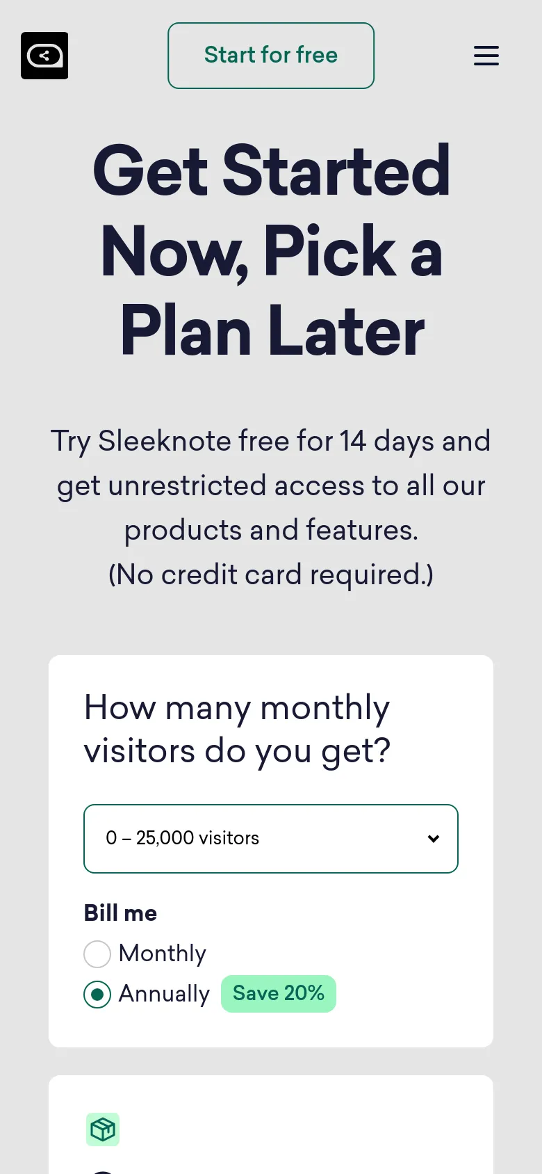 The mobile version uses a single-column layout with a simplified navigation menu and a prominent 'Start for free' button at the top. The headline and introductory text are centered, followed by the visitor selection dropdown and billing toggle. The pricing plans are stacked vertically instead of side-by-side to fit the narrow screen width.