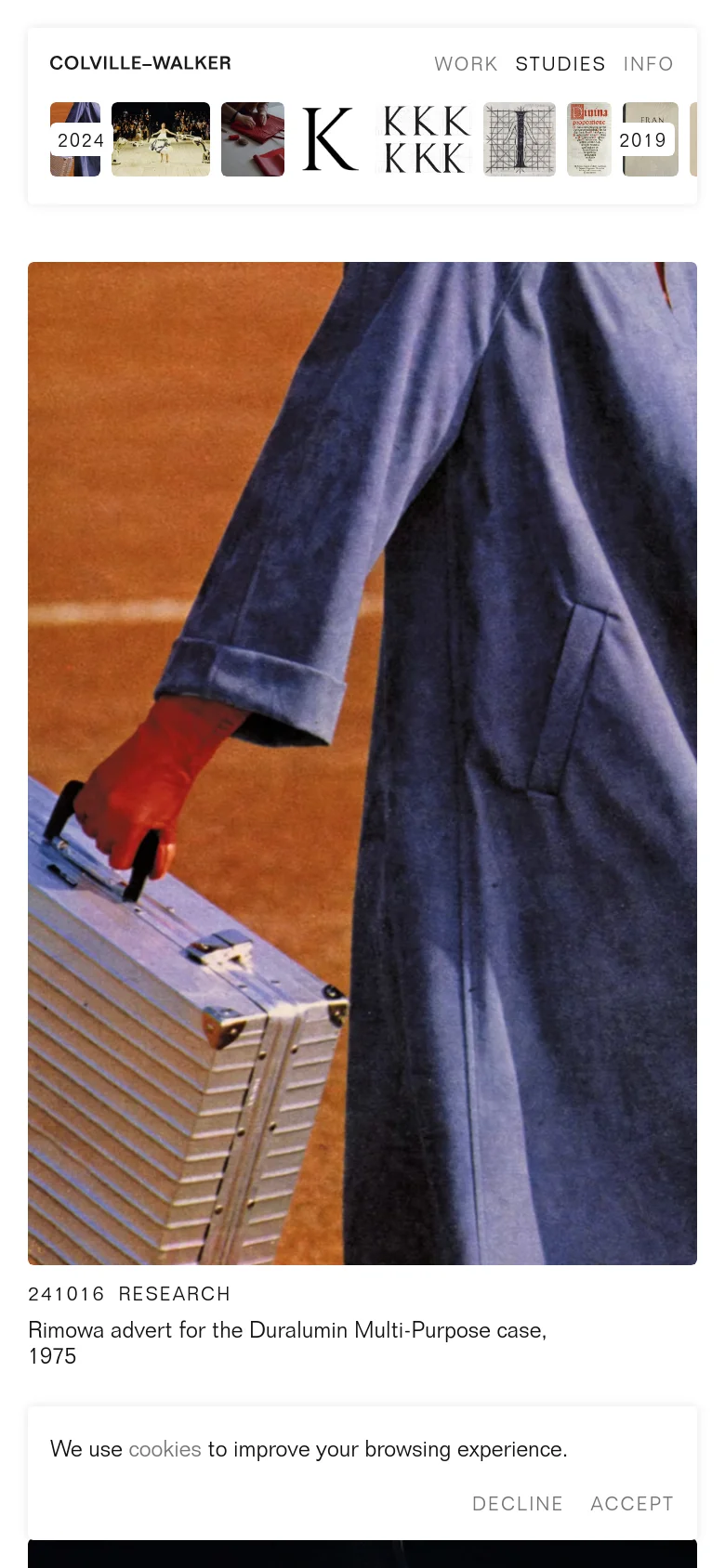 The mobile version maintains the minimalist aesthetic but optimizes the layout for a vertical screen. The navigation menu is condensed at the top, and the large hero image of the Rimowa suitcase occupies the central focus. The text descriptions and cookie consent banner are scaled to fit the narrower viewport.