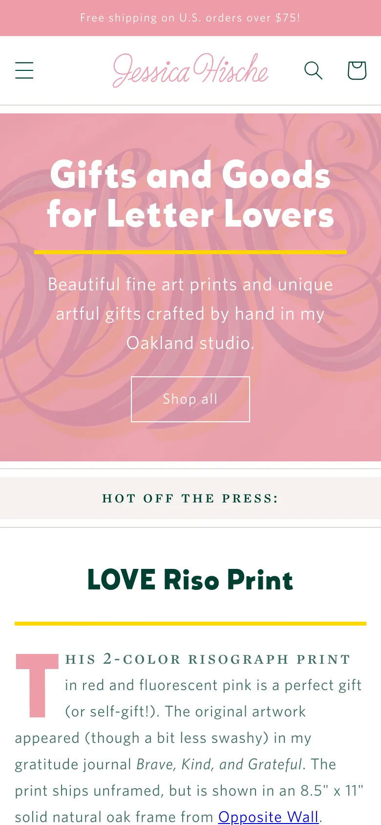 The mobile version uses a condensed layout with a hamburger menu, search, and shopping bag icons in the header. The hero section maintains the pink swirling background and 'Shop all' call to action, but the text and product sections are stacked vertically for a single-column view.