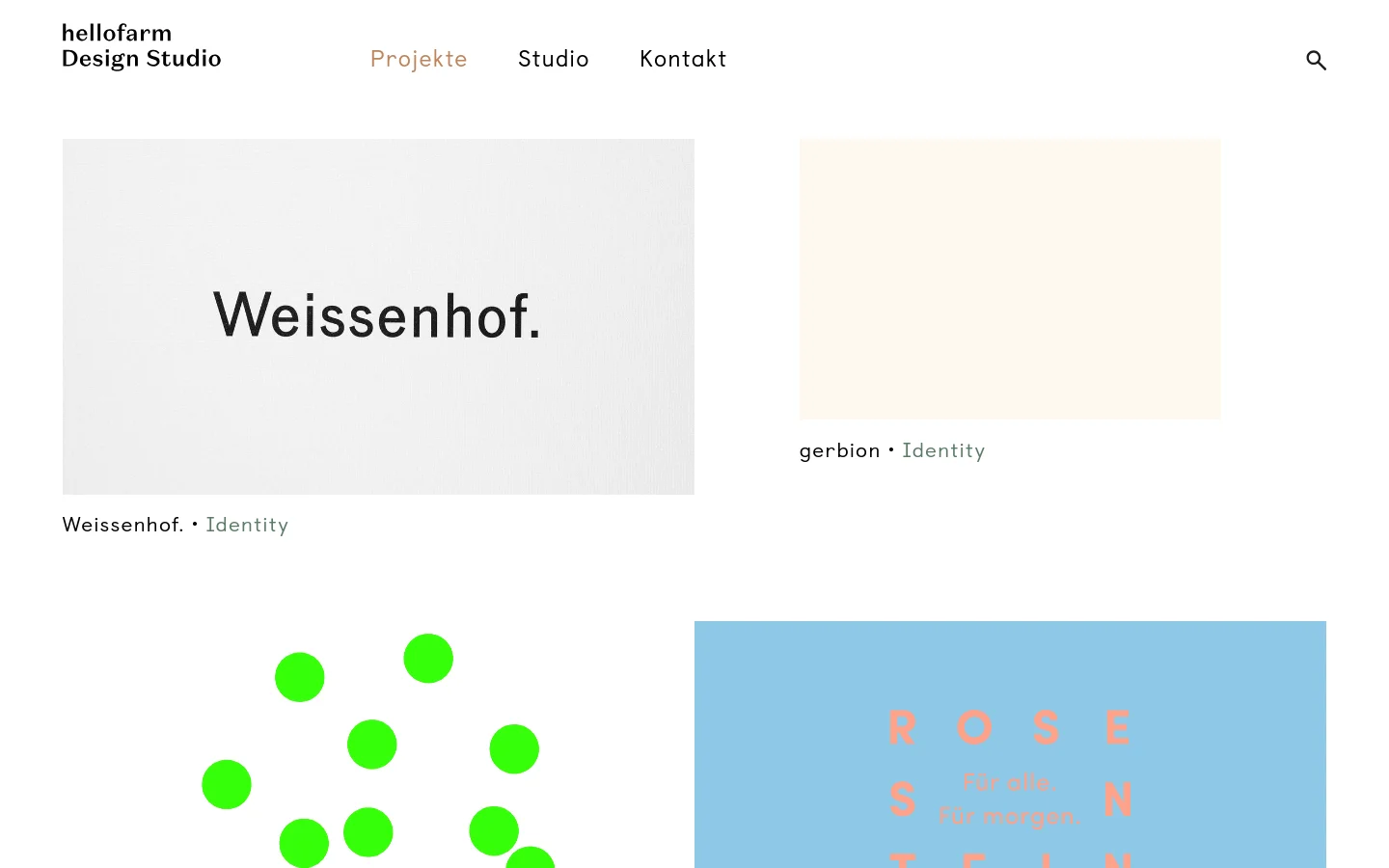 The desktop homepage for hellofarm Design Studio features a minimalist white background with a clean navigation menu at the top including 'Projekte', 'Studio', and 'Kontakt'. A grid layout showcases various design projects with large image tiles and text labels below them, such as 'Weissenhof. • Identity'.
