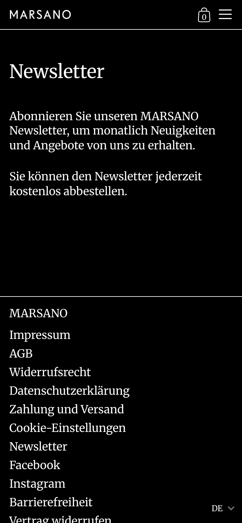The mobile version maintains the black and white minimalist aesthetic but uses a condensed layout. The main content remains centered with the 'Newsletter' headline and German description, while the top navigation is replaced by a hamburger menu icon and a shopping bag icon next to the MARSANO logo. The footer contains a vertical list of links including Impressum, AGB, and social media links.