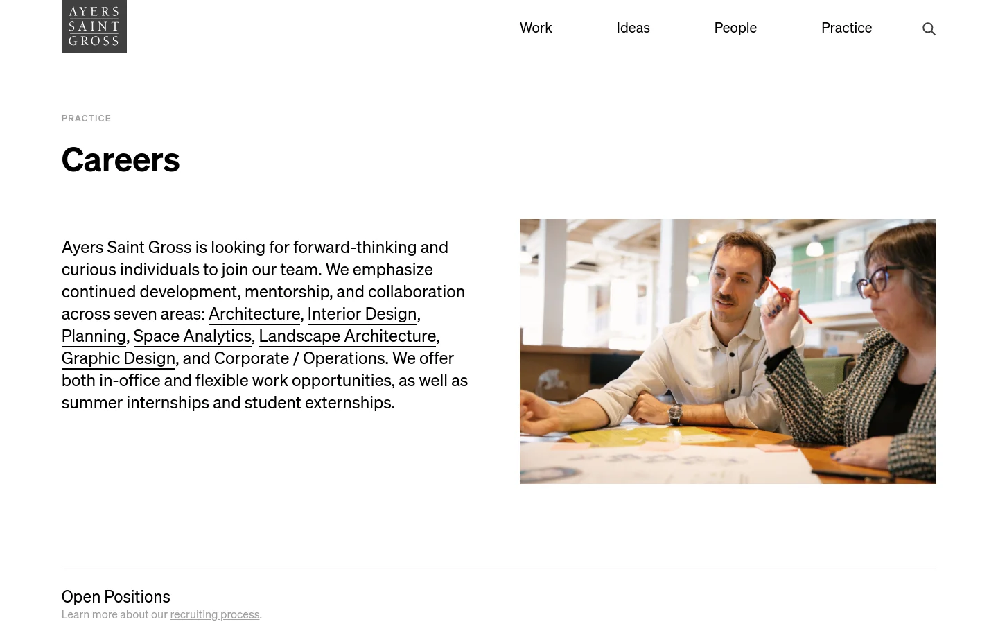 The desktop Careers page features a clean, white layout with a large headline and a descriptive paragraph on the left. To the right, a large hero image shows two professionals collaborating over architectural drawings in a bright office. A navigation menu at the top includes links for Work, Ideas, People, and Practice, alongside a search icon.