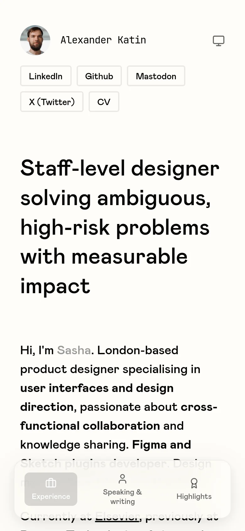 The mobile version maintains the minimalist white aesthetic but stacks elements vertically for a narrow viewport. The profile photo and name are centered at the top, followed by social links arranged in a grid, and the large hero headline spans the width of the screen above the introductory text.