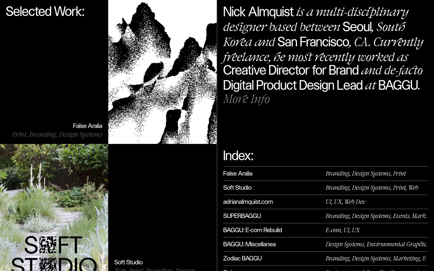 A minimalist portfolio website with a high-contrast black and white color scheme. The desktop layout features a large hero section with a grainy, stippled black and white mountain landscape image alongside a large serif headline introducing designer Nick Almquist. Below, a structured index lists various design projects with their categories and years in a clean, typographic grid.