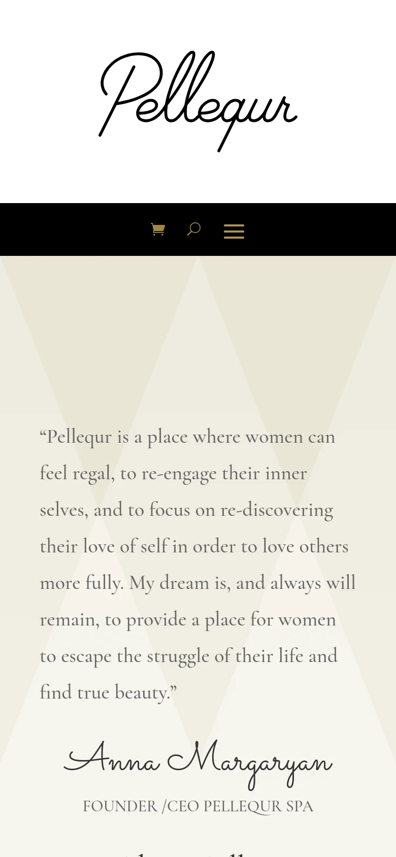 The mobile version simplifies the layout into a single vertical column on a cream background. The navigation is condensed into a black header containing a hamburger menu icon, a shopping cart, and a search icon. The main content focuses on a large, centered quote from Anna Margaryan in a serif font, followed by her signature and title.