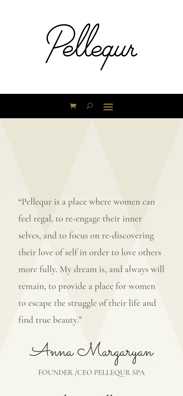 The mobile version simplifies the layout into a single vertical column on a cream background. The navigation is condensed into a black header containing a hamburger menu icon, a shopping cart, and a search icon. The main content focuses on a large, centered quote from Anna Margaryan in a serif font, followed by her signature and title.