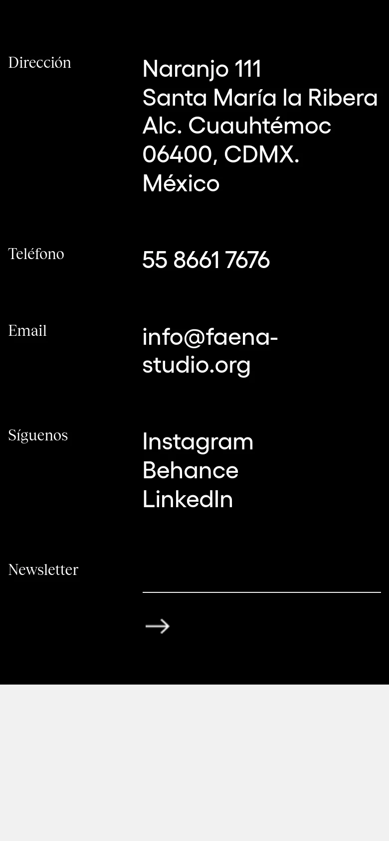 The mobile version maintains the black background and white text, but the layout shifts to a single-column vertical stack. The project metadata and descriptive text appear first, followed by a series of full-width images. The footer reorganizes the contact details and newsletter signup into a simplified vertical list.