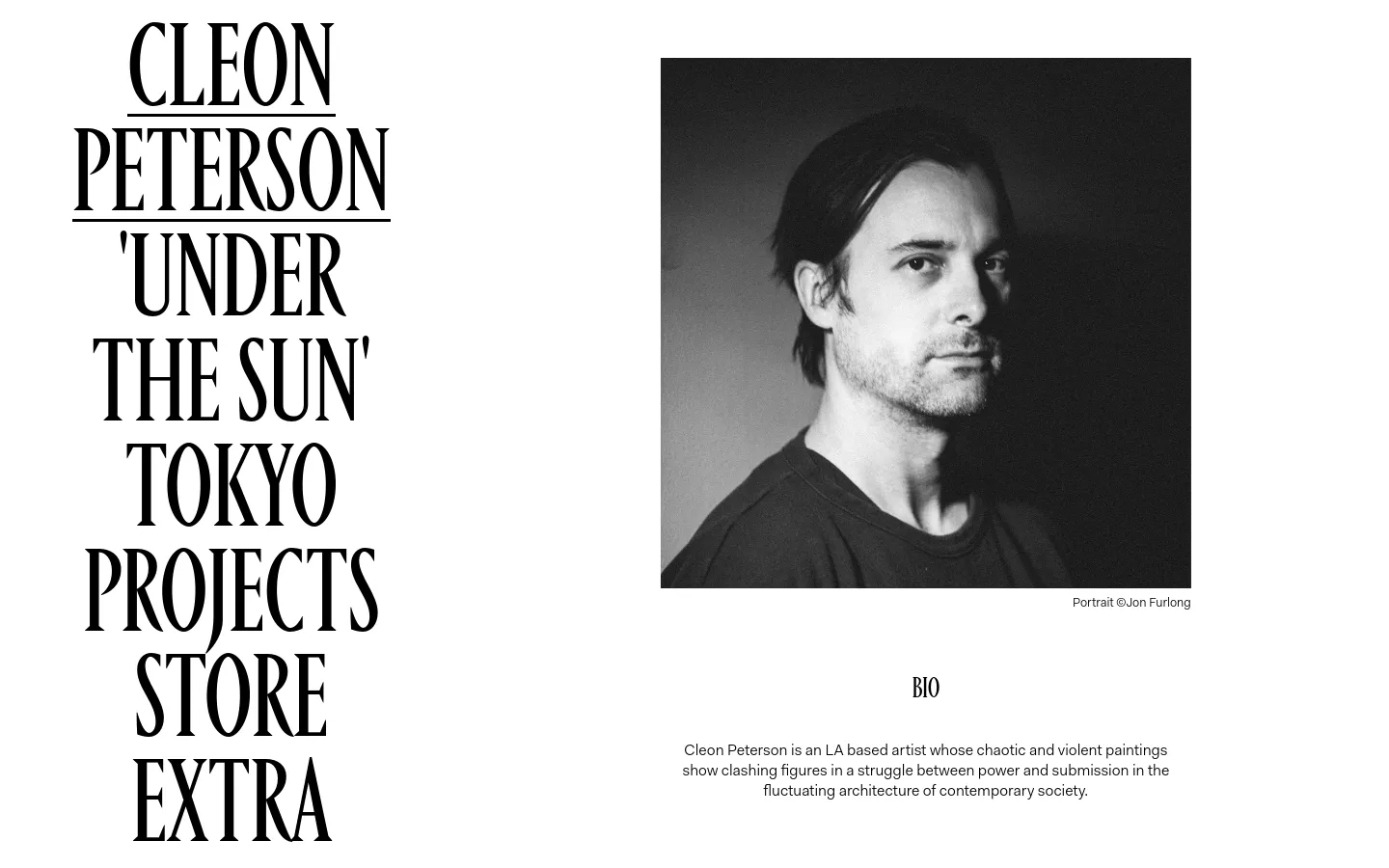 The desktop version features a minimalist white background with large, black serif typography. A black and white portrait of Cleon Peterson is positioned on the right, while large vertical text and a brief bio occupy the left and bottom sections.
