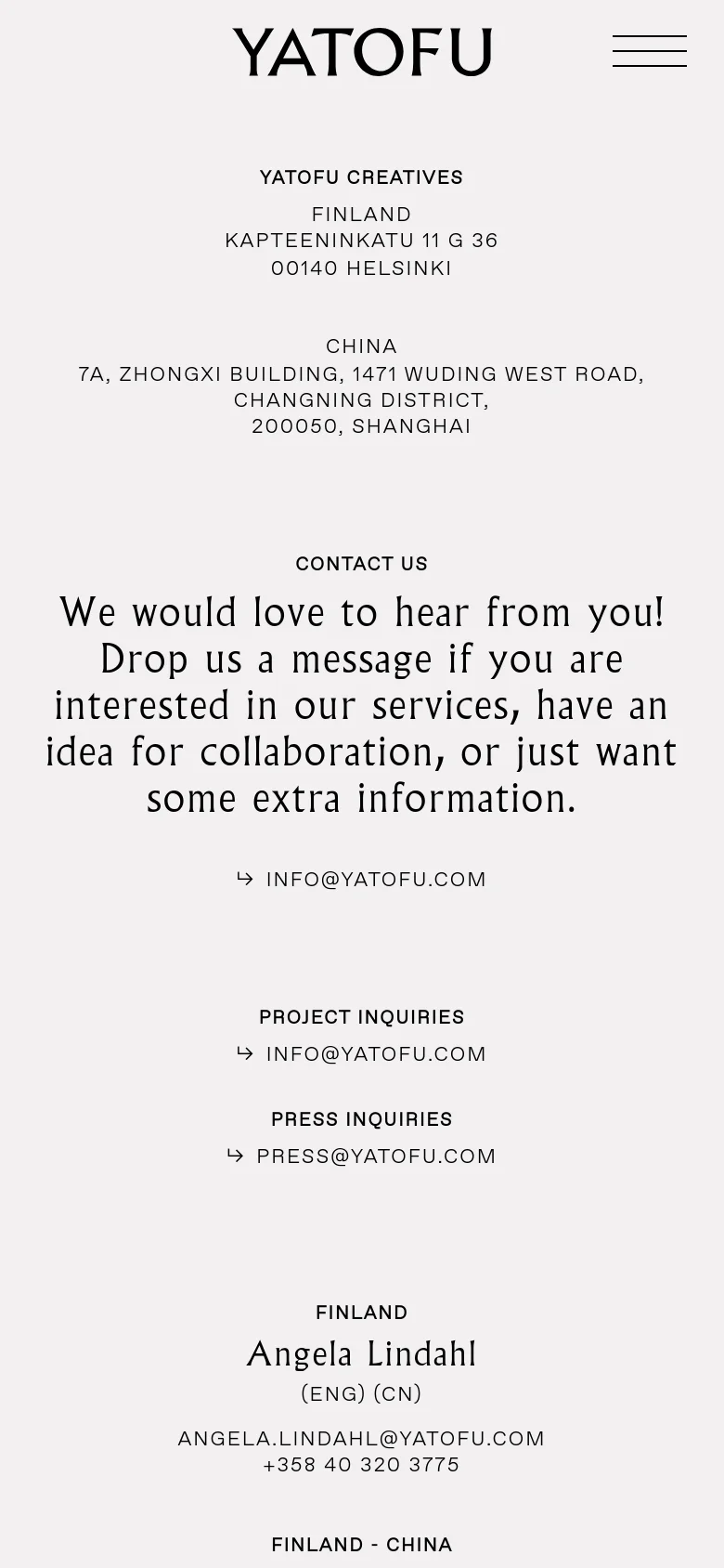 The mobile version simplifies the layout into a single vertical column, stacking the office addresses, contact message, and email links. The header is condensed, and the large typography for the 'Contact Us' section remains prominent, centered on the screen for easy scrolling.