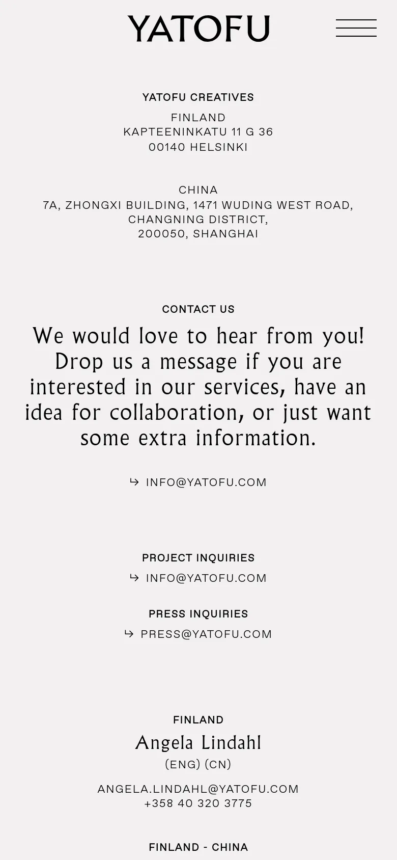 The mobile version simplifies the layout into a single vertical column, stacking the office addresses, contact message, and email links. The header is condensed, and the large typography for the 'Contact Us' section remains prominent, centered on the screen for easy scrolling.