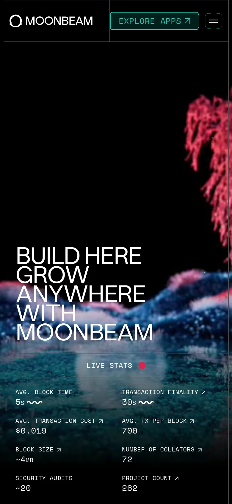 The mobile version maintains the dark aesthetic and pink tree hero imagery but uses a simplified layout. The top navigation is condensed into a hamburger menu next to the Moonbeam logo and 'EXPLORE APPS' button. The large central headline and the bottom live stats bar with metrics like block time and transaction cost are stacked vertically to fit the narrow screen.