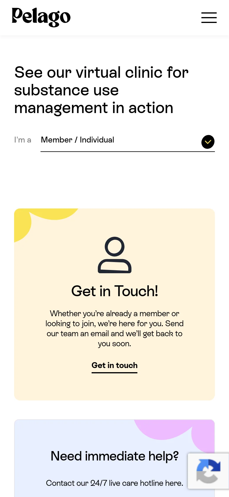 The mobile version uses a single-column vertical layout, stacking the headline, dropdown menu, and contact cards on top of each other. The navigation is condensed into a hamburger menu at the top right, and the large decorative illustrations are repositioned or scaled to fit the narrower screen width.