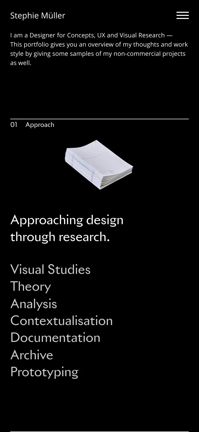 The mobile version uses a black background with a condensed layout. The navigation is tucked into a hamburger menu at the top right, and the introductory text is stacked vertically. The central section features the stack of papers illustration, followed by the main headline and a vertical list of project links.