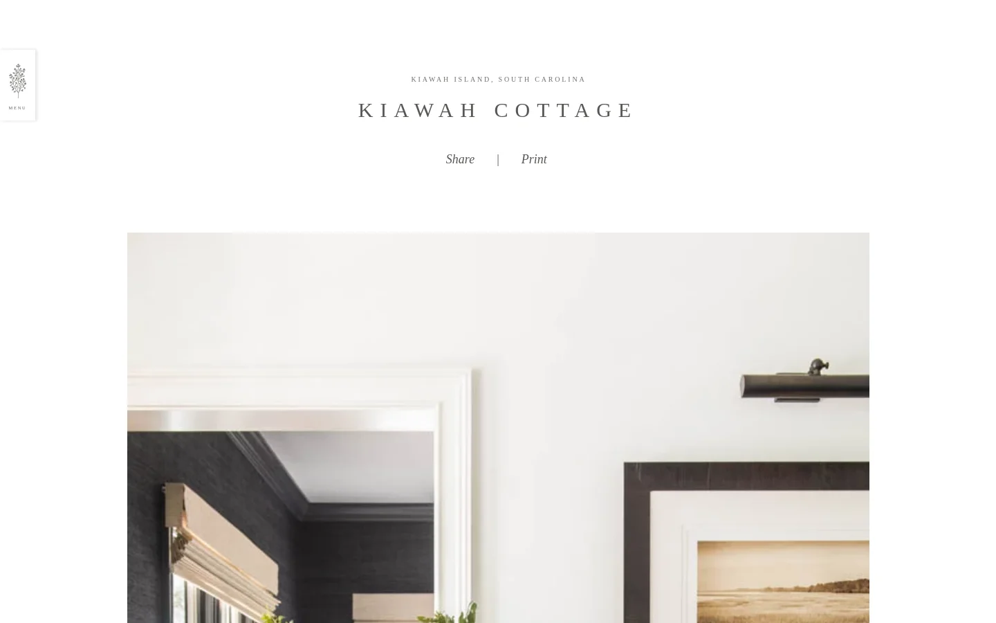 Desktop view of the Kiawah Cottage project page featuring a minimalist white background with centered serif typography. The header displays 'Kiawah Island, South Carolina' and 'Kiawah Cottage' above 'Share' and 'Print' links, followed by a large, high-quality interior photograph of a bright room with a black bench, decorative pillows, and a large potted plant.