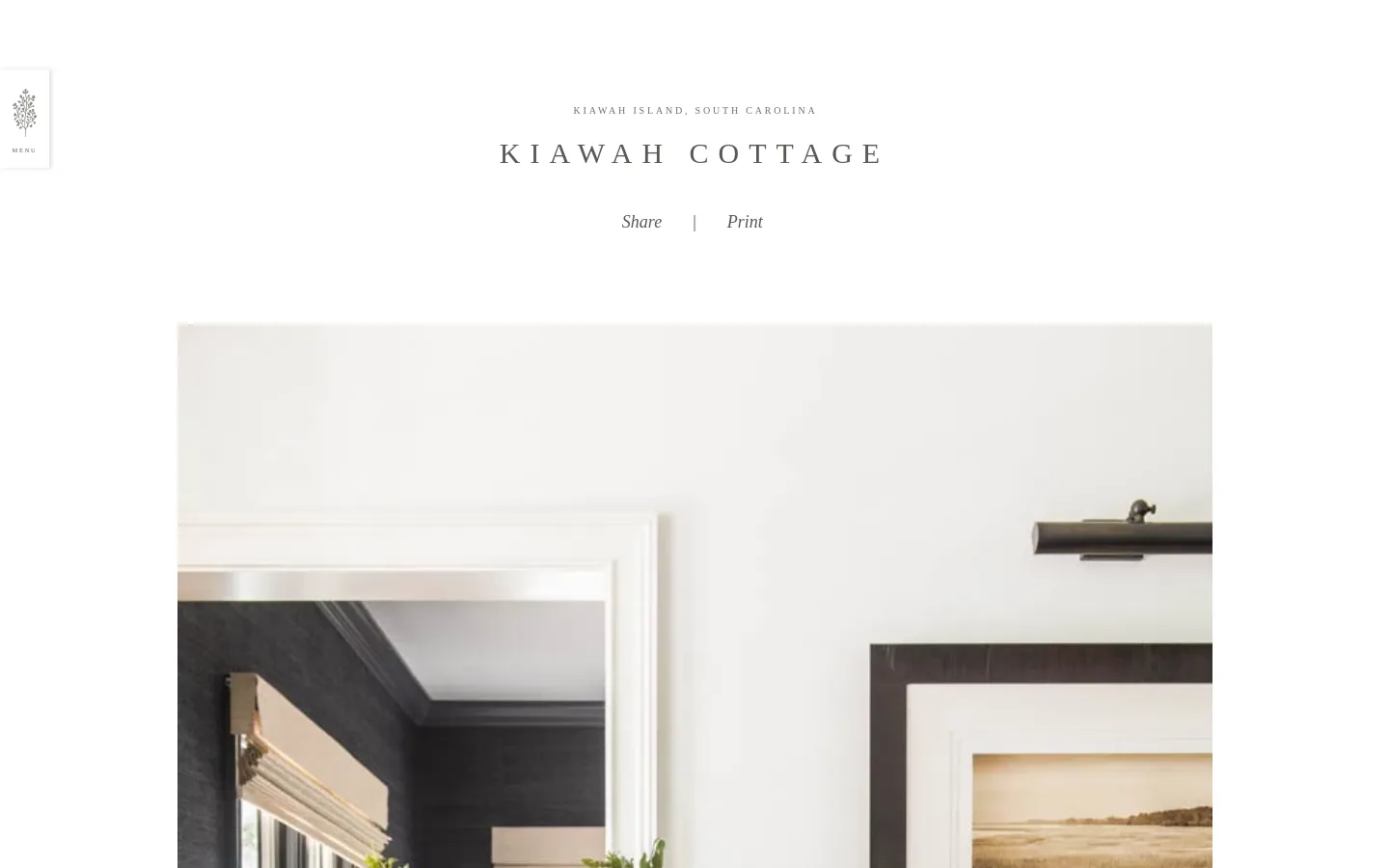 Desktop view of the Kiawah Cottage project page featuring a minimalist white background with centered serif typography. The header displays 'Kiawah Island, South Carolina' and 'Kiawah Cottage' above 'Share' and 'Print' links, followed by a large, high-quality interior photograph of a bright room with a black bench, decorative pillows, and a large potted plant.