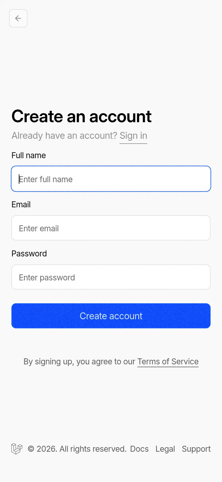 The mobile version presents a vertically stacked, single-column layout on a plain white background. The 'Create an account' heading, form fields, and blue action button are centered, removing the large geometric background seen on desktop for a simplified view.