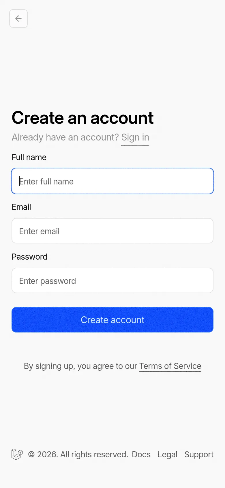 The mobile version presents a vertically stacked, single-column layout on a plain white background. The 'Create an account' heading, form fields, and blue action button are centered, removing the large geometric background seen on desktop for a simplified view.