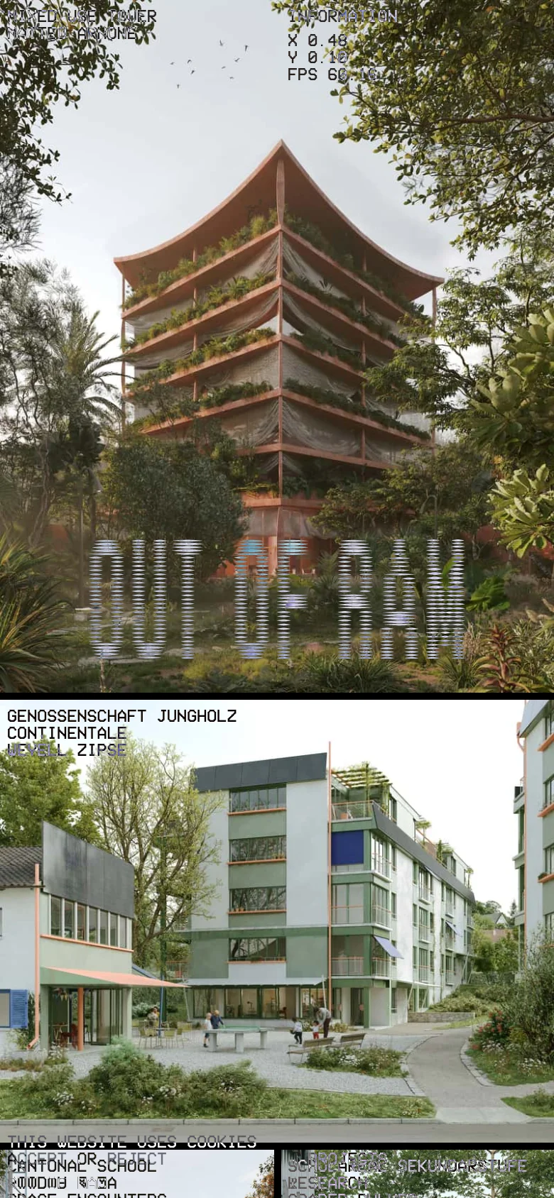 The mobile version presents a vertically oriented view of the hero image, focusing on the architectural rendering of the terracotta building. The layout is simplified, with navigation links and the studio name appearing in a more compact, stacked format to fit the narrow screen. The project grid below transitions into a single-column scrollable list of images and text descriptions.