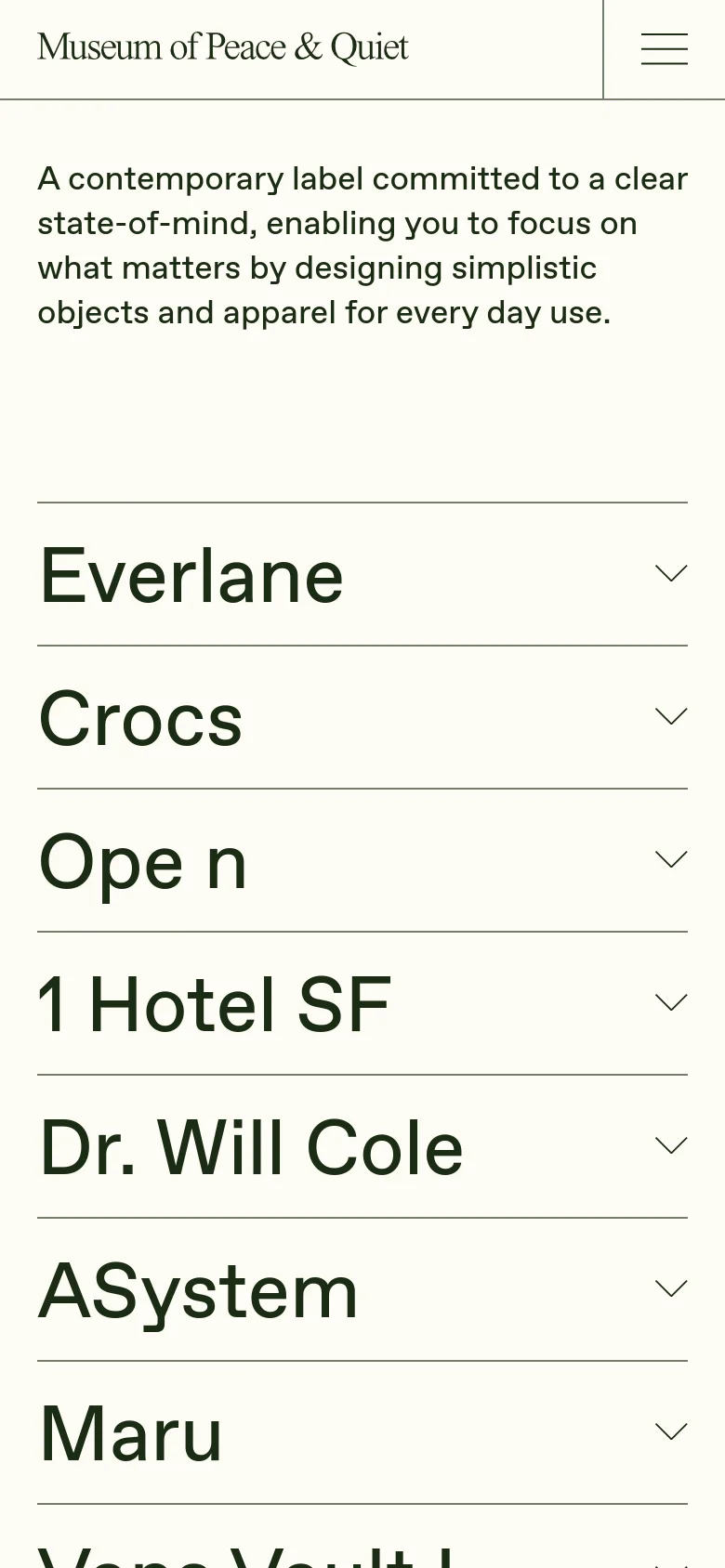 Museum of Peace & Quiet projects page on mobile, featuring a stacked layout. The brand mission is displayed in bold serif type above an accordion-style list of project names including Everlane and Crocs, utilizing a clean, minimalist interface for easy vertical scrolling.