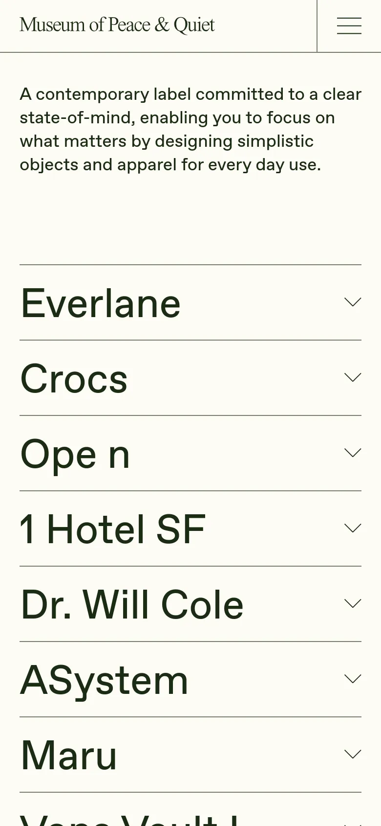 Museum of Peace & Quiet projects page on mobile, featuring a stacked layout. The brand mission is displayed in bold serif type above an accordion-style list of project names including Everlane and Crocs, utilizing a clean, minimalist interface for easy vertical scrolling.