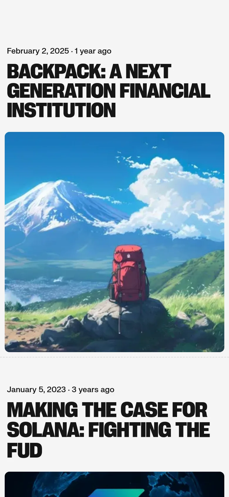 The mobile version presents a single-column vertical layout optimized for scrolling, removing the persistent left-hand sidebar. The article headlines and their corresponding large, colorful illustrations, such as the mountain landscape and the dark globe graphic, are stacked vertically to fill the width of the screen.