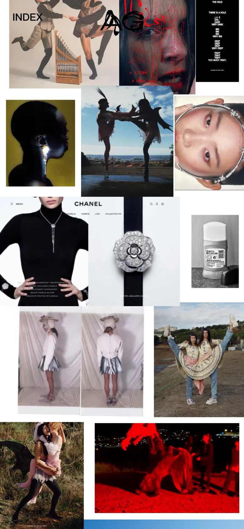 The mobile version maintains the minimalist aesthetic but rearranges the content into a single-column vertical scroll. The masonry grid of artistic and fashion photographs is stacked vertically, making the images larger and easier to view on a smaller screen. Navigation links remain at the top, simplified for mobile interaction.