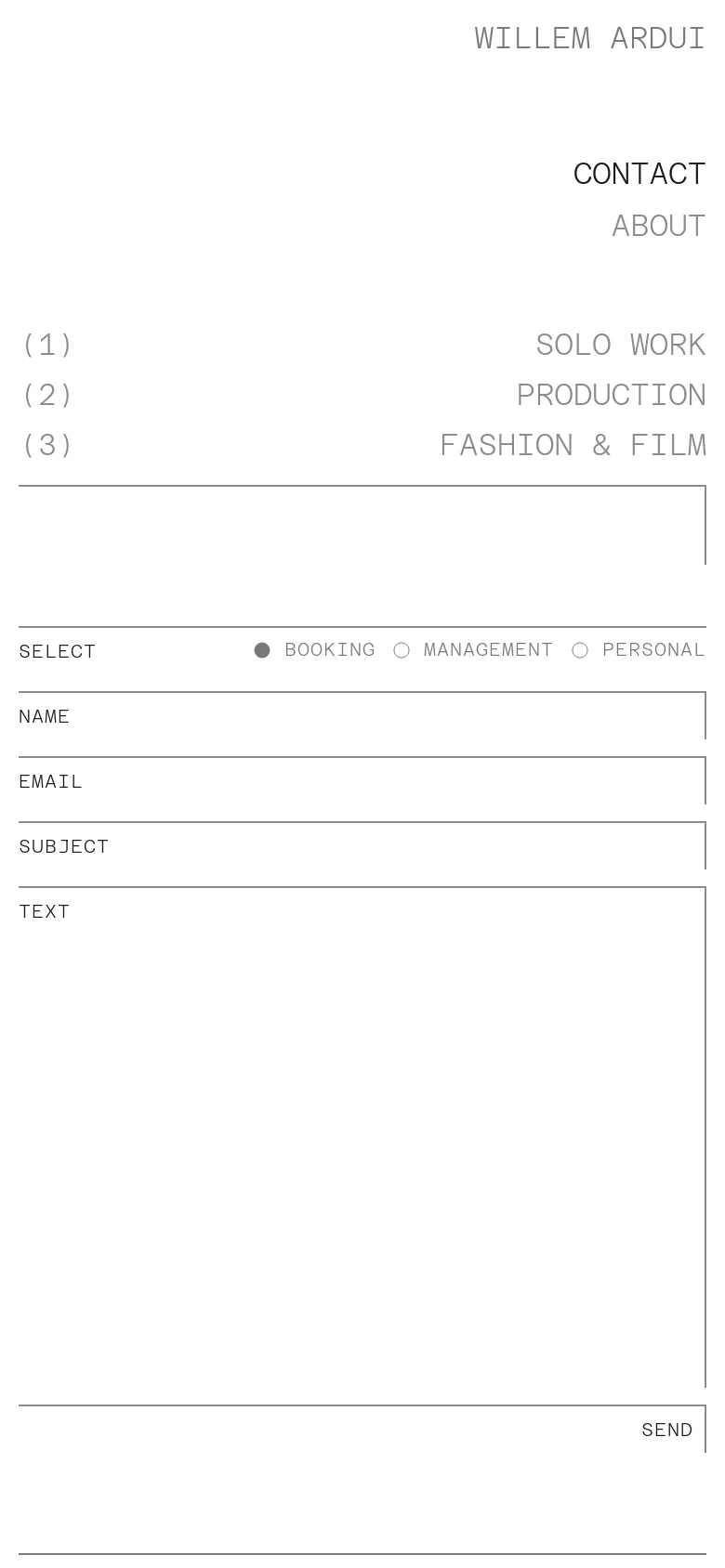 The mobile version maintains the clean white aesthetic but rearranges the content into a single vertical column. The navigation links and contact form fields, including the inquiry type selection and the large text area, are stacked for easy scrolling on a smaller screen.