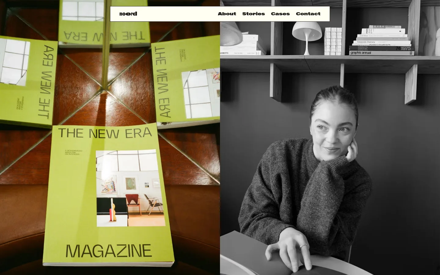 The desktop version of the Stories page features a minimalist white navigation bar at the top with links to About, Stories, Cases, and Contact. Below, a large hero section shows a split-screen image: a lime green magazine titled 'THE NEW ERA' on a wooden surface on the left, and a black and white portrait of a woman on the right. Large, bold black typography follows, presenting story titles and 'Read more' call-to-action buttons above full-width photographic content.
