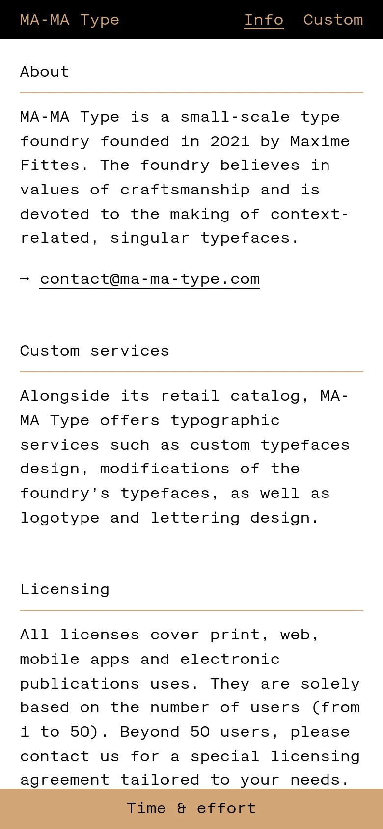 The mobile version maintains the minimalist aesthetic but uses a simplified black header with the foundry name on the left and navigation links on the right. The content layout is single-column, stacking the text-heavy sections vertically for easier scrolling on a smaller screen.