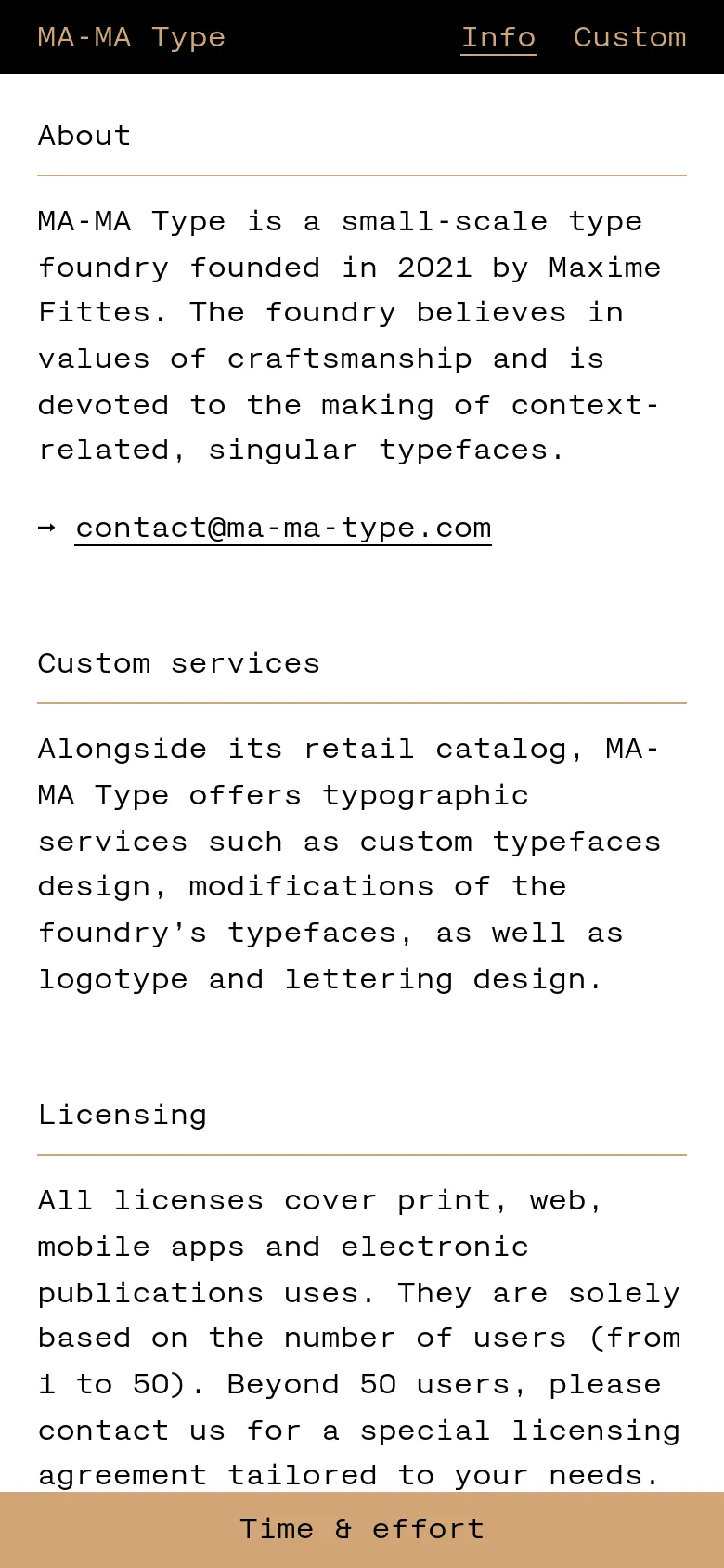 The mobile version maintains the minimalist aesthetic but uses a simplified black header with the foundry name on the left and navigation links on the right. The content layout is single-column, stacking the text-heavy sections vertically for easier scrolling on a smaller screen.
