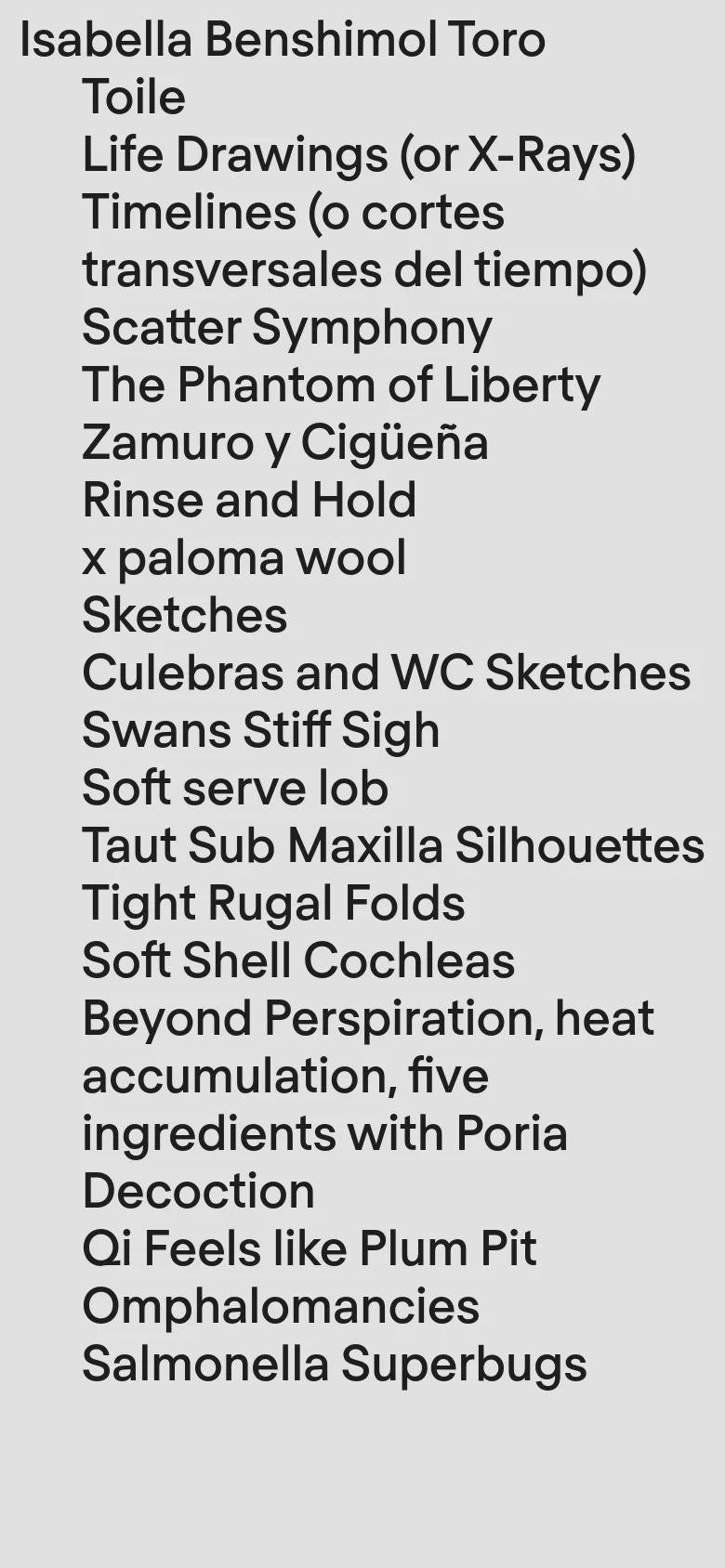 The mobile version maintains the minimalist aesthetic with a light grey background and black text. The layout is a single-column vertical list of text links, optimized for scrolling on a smaller screen.