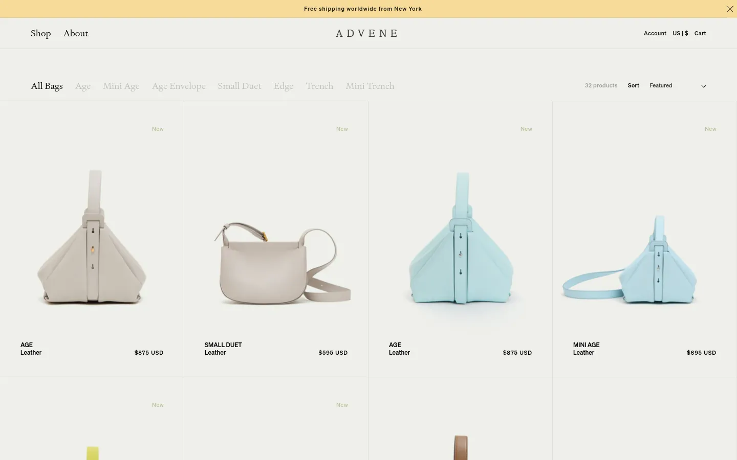The desktop shop page for Advene features a minimalist white layout with a top navigation bar and a sub-menu for specific bag collections. A grid of high-quality product images displays various leather bags, such as the Age and Small Duet, accompanied by their names and prices in USD. The page includes a filter and sort option at the top right, showing a total of 32 products.