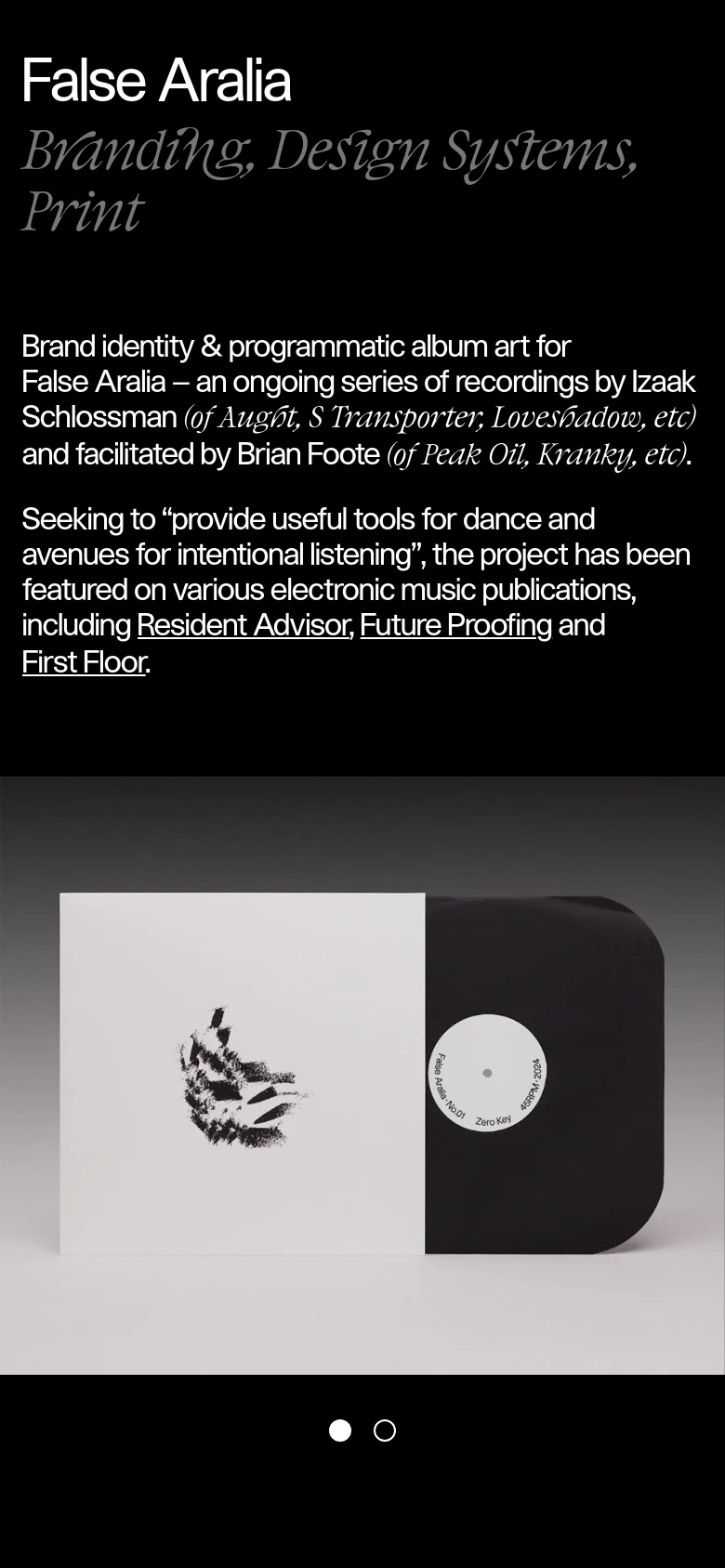 The mobile version presents a vertically stacked layout on a black background, prioritizing the 'False Aralia' title and subheadings at the top. The text is left-aligned, followed by a large image showing a white album sleeve next to a black vinyl record.