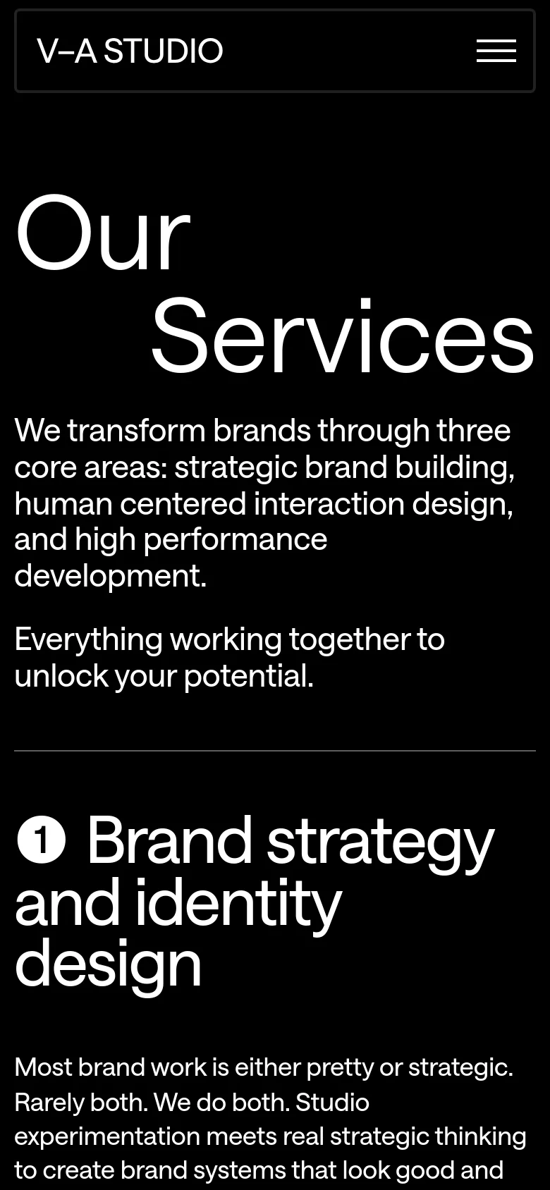 The mobile version maintains the high-contrast black and white theme but uses a condensed layout. The header features a hamburger menu icon next to the studio name, and the large 'Our Services' headline is scaled down to fit the narrower viewport width.