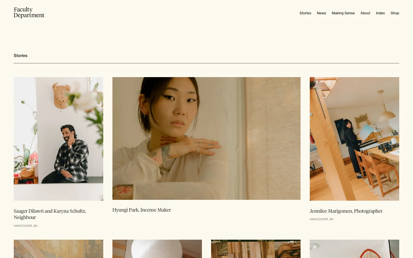 The Stories page features a minimalist layout on a cream background with a navigation menu at the top right. A grid of large, vertical portrait images showcases various individuals, each accompanied by a headline name and location below the photo. The design is clean and focuses on high-quality photography with dark serif typography.