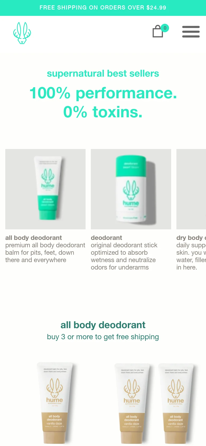The mobile version maintains the teal and white color scheme but uses a single-column vertical layout for the product collection grid to ensure readability. The hero headline remains prominent at the top, followed by large, stacked product cards that include an image, title, and brief description for each item.