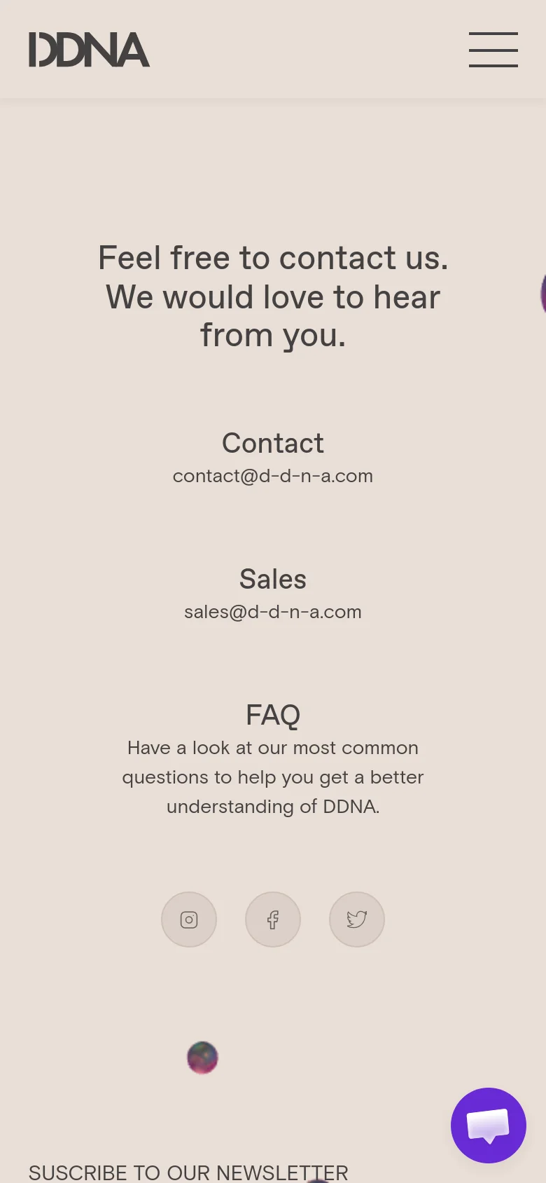 The mobile version maintains the minimalist beige aesthetic but uses a stacked vertical layout. The navigation is condensed into a hamburger menu at the top right, and the contact information and FAQ section are centered. A floating purple chat icon appears in the bottom right corner, and the social media icons remain at the bottom.