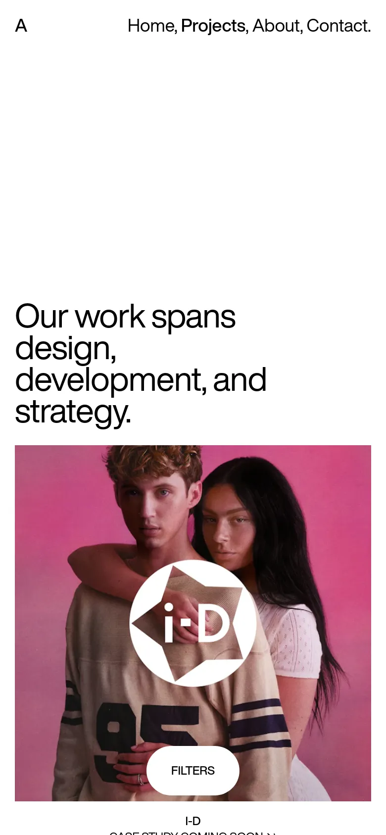 The mobile version maintains the minimalist white aesthetic but uses a single-column vertical layout. The headline is stacked into multiple lines for readability, and the project tiles appear as large, full-width images with text overlays or captions below them. The navigation menu is simplified, and the 'FILTERS' button is centered over the primary project image.