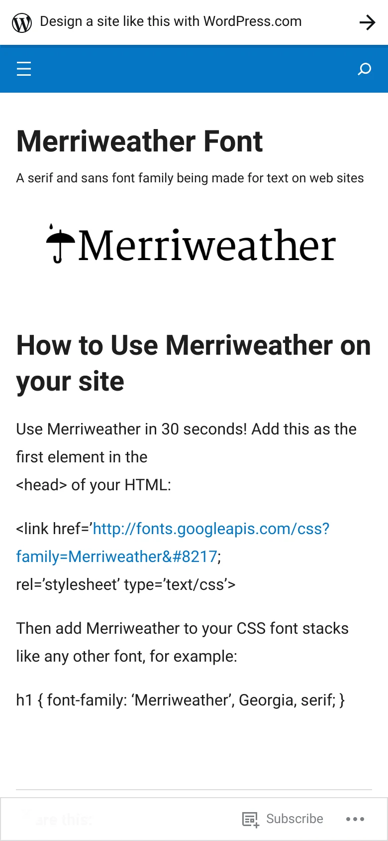 Merriweather Font Services mobile website screenshot