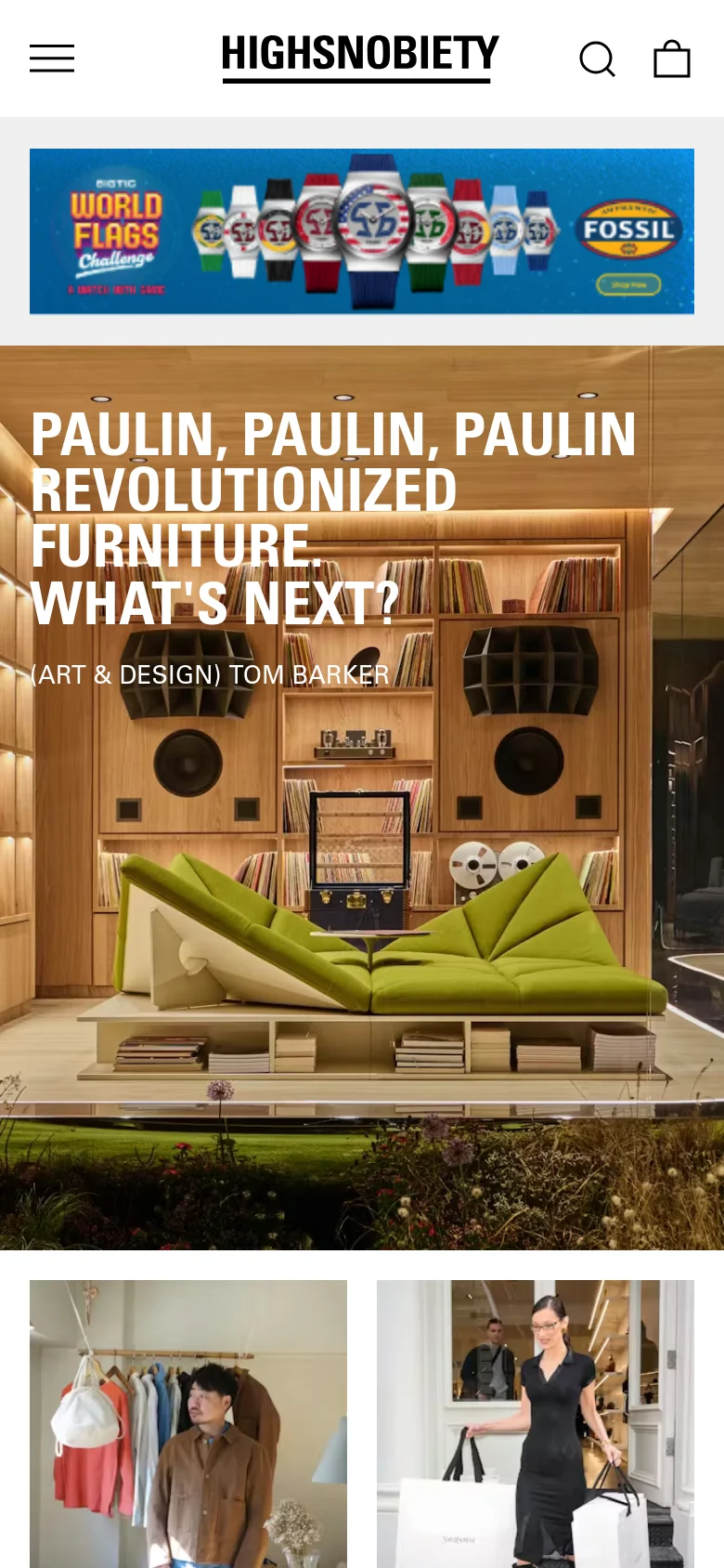 The mobile version presents a vertically stacked layout, starting with the Fossil watch banner and transitioning into the large Paulin furniture editorial. The navigation menu is condensed, and the site logo is centered at the top with search and shopping bag icons on either side. The imagery remains large and impactful, filling the width of the mobile screen.