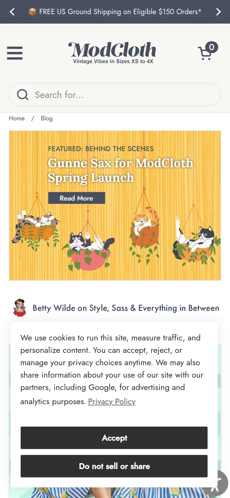 The mobile version shows a vertically stacked layout starting with a hamburger menu, the ModCloth logo, and a shopping cart icon. The yellow 'Gunne Sax' hero banner is scaled down to fit the narrow screen, followed by the 'Betty Wilde' section and a cookie consent pop-up overlaying the bottom of the content.