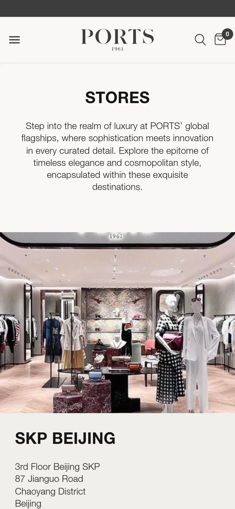 The mobile version uses a single-column vertical layout with a hamburger menu and search icon in the header. The 'STORES' heading and introductory text appear at the top, followed by a full-width photograph of the SKP Beijing store interior, with the store's name and address listed directly underneath.