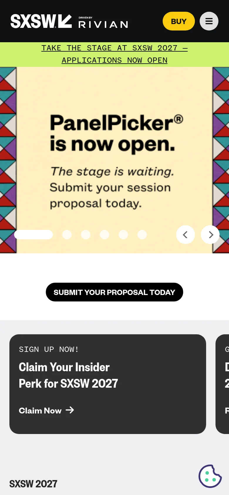 The mobile version presents a simplified layout with a hamburger menu and a prominent yellow 'BUY' button in the header. The hero section features the same 'PanelPicker' announcement with large text and navigation arrows, followed by a single-column stack of content cards, including a dark call-to-action card for claiming insider perks.