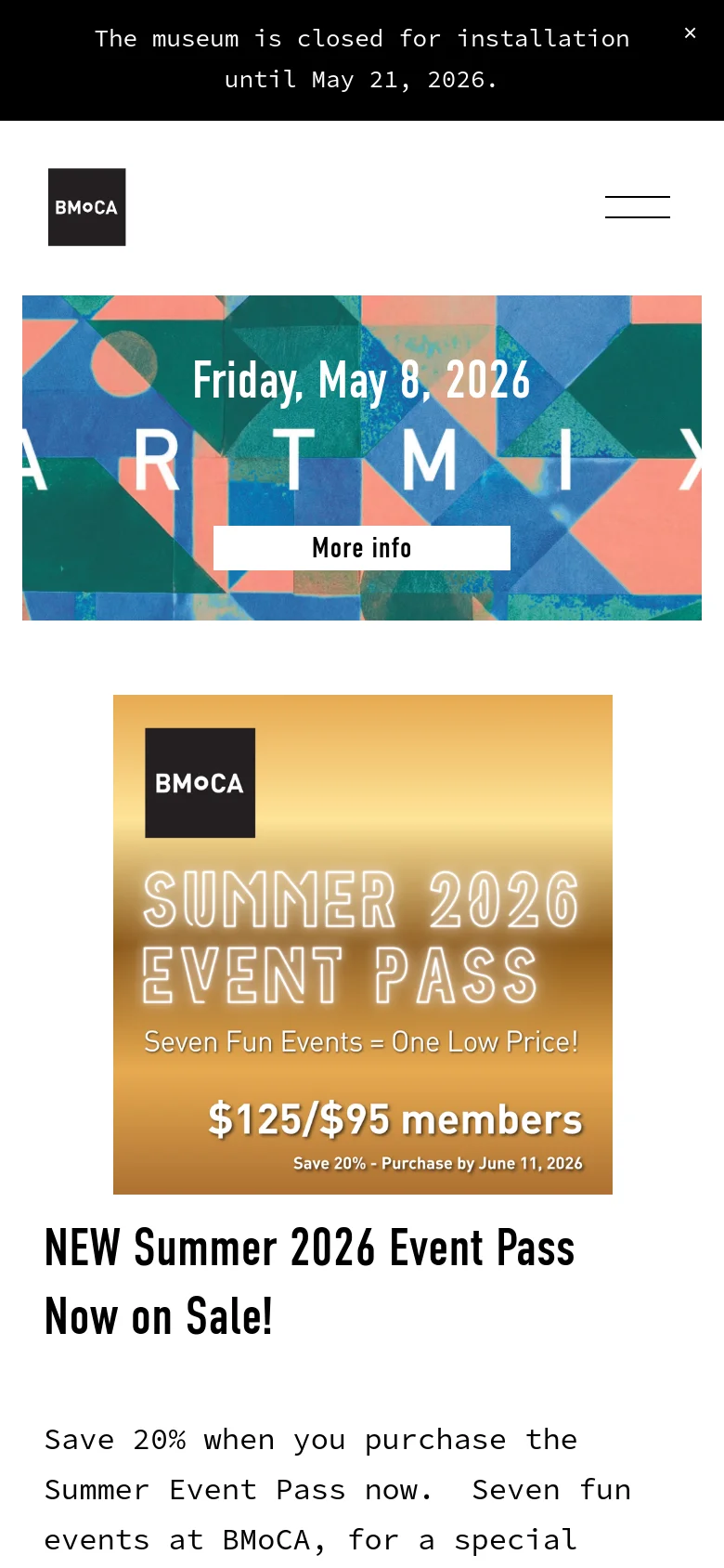 The mobile version uses a simplified layout with a hamburger menu icon and the BMoCA logo at the top. The hero section features the same colorful abstract 'ARTMIX' graphic but is scaled for a vertical screen, followed by a single-column stack of promotional tiles, such as the 'Summer 2026 Event Pass' with its distinct orange and yellow gradient background.